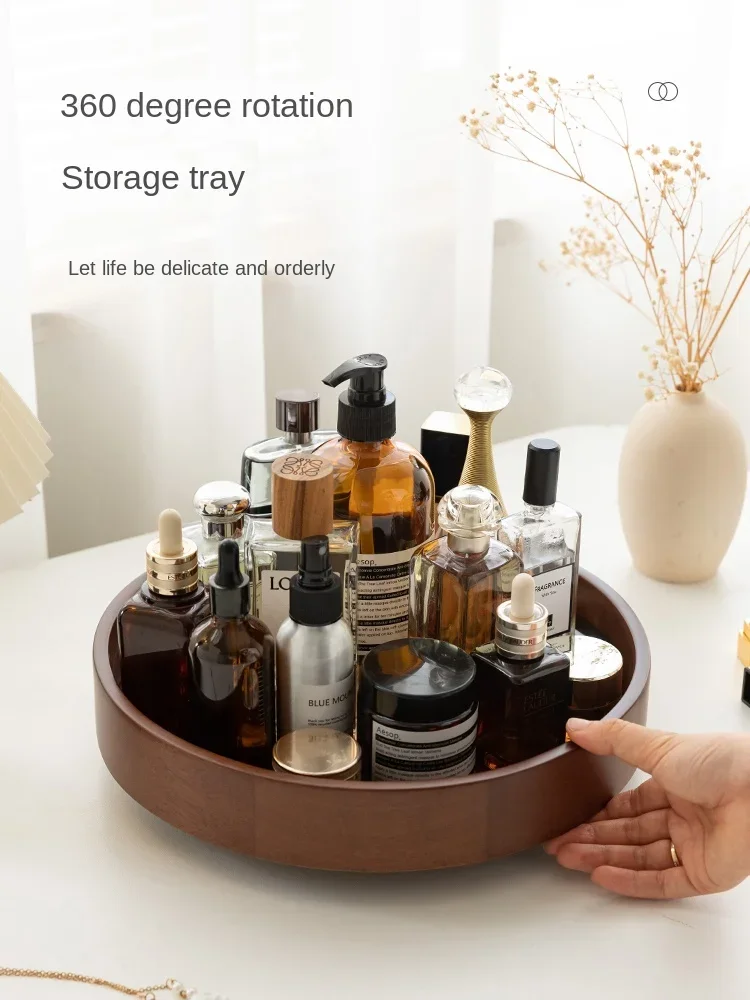 Cosmetics Storage Box Desktop Premium Rotary Storage Tray Skin Care Products Perfume Dresser Shelf Solid Wood Tray