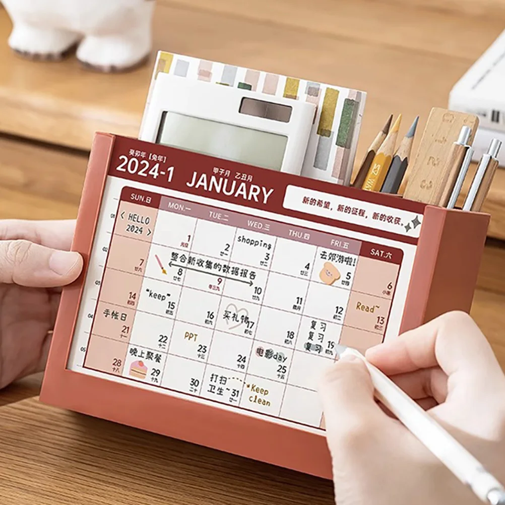 

2023 Plastic Desk Calendar Creative Pen Holder Storage Organizer Office Desktop Sundries Holder Monthly Planner