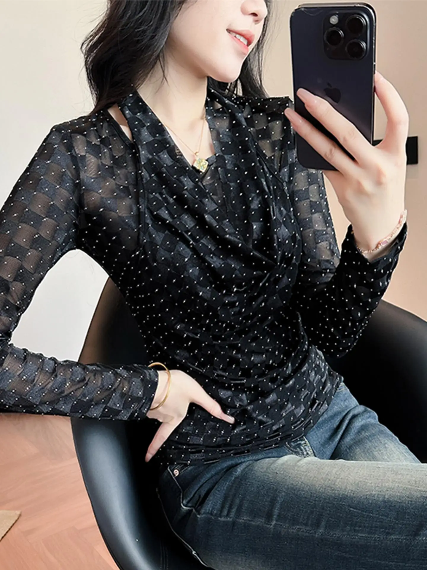 

Женская футболка Street Sle Long Sve Floing Plaid Slim Fit Base irt Me Ne Hanging Design, осенне-зимняя футболка Faion