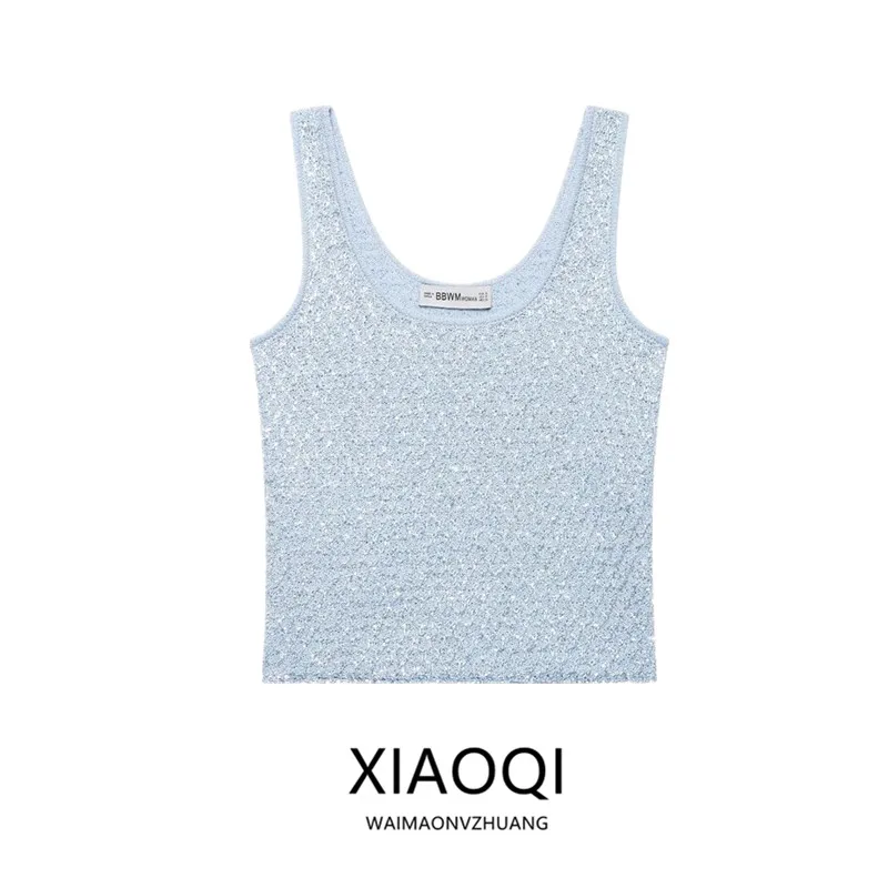 Women's Knitted Metal round Neck Beaded Top New Arrival Early Autumn Fashion Outerwear Regular Length No Chest Pad Included