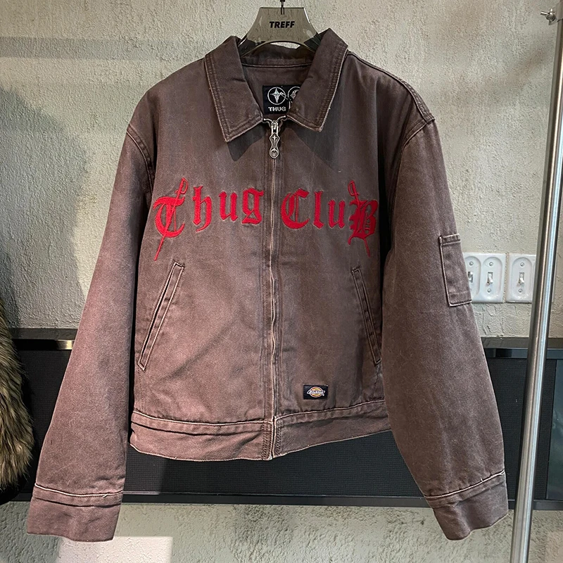 

THUG CLUB Men Women Jacket Outerwear Embroidery Wash Do Old American Workwear Loose Casual Warm Denim Padded Coat