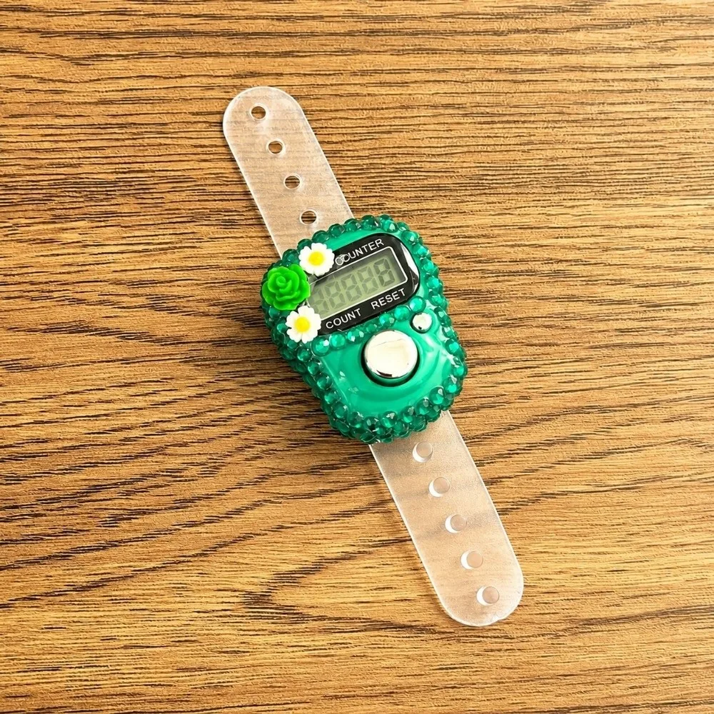 LCD Display Finger Tally Counter Reset Button Flower Shape Manual Click Counter Rhinestone Decor Compact Size