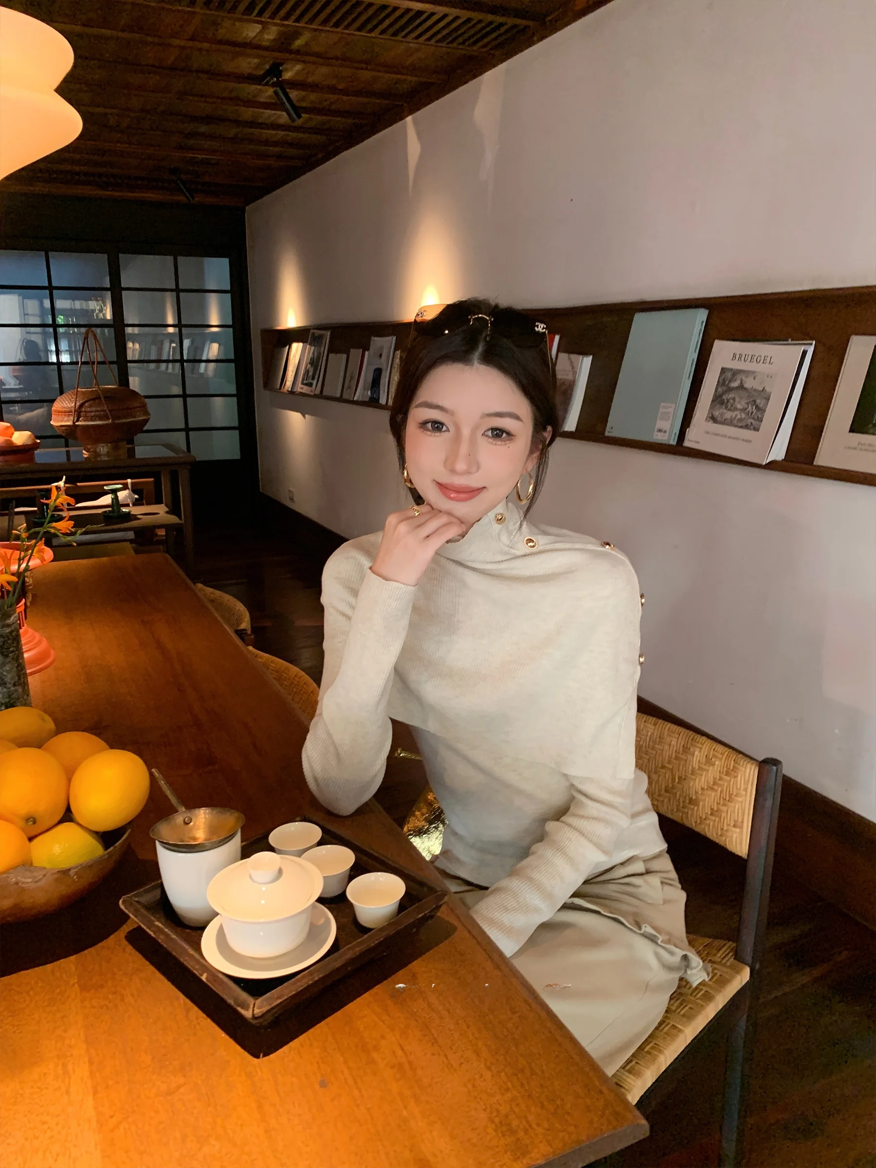 

Sam Seoi Wool High Collar Cloak Long Sve Knitted Sweater Casual Women's Autumn Winter Versatile Leisure Small irt