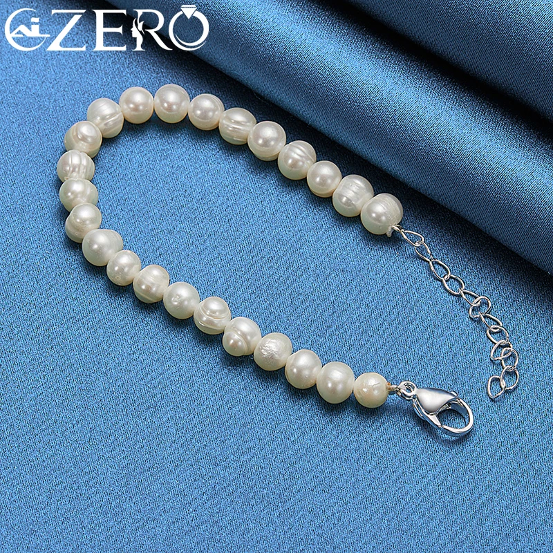 ALIZERO 925 Sterling Silver 7-8mm Man-Made Pearl Bracelet For Women Wedding Engagement Party Lady Fashion Jewelry Gifts