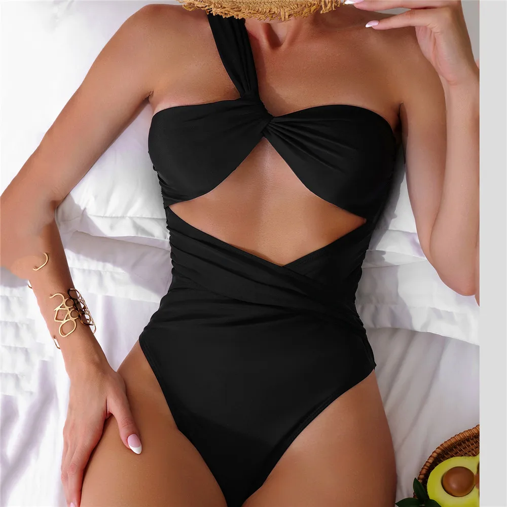 One Shoulder Sexy Black Swimsuit Women One Piece Swimwear 2024 Hollow Out Monokini Cross Bandage Bathing Suit Swimming Wear