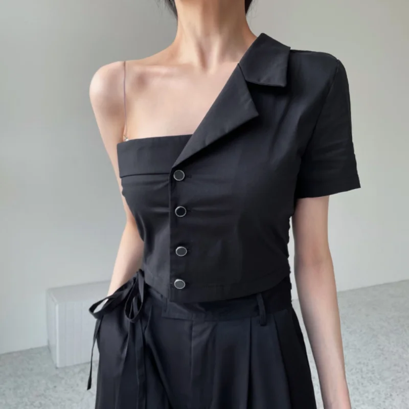 

Korean Style Fashionable Single-Button Shoulder Bared Asymmetrical Design Women's Shirt Casual Versatile for Various Occasions
