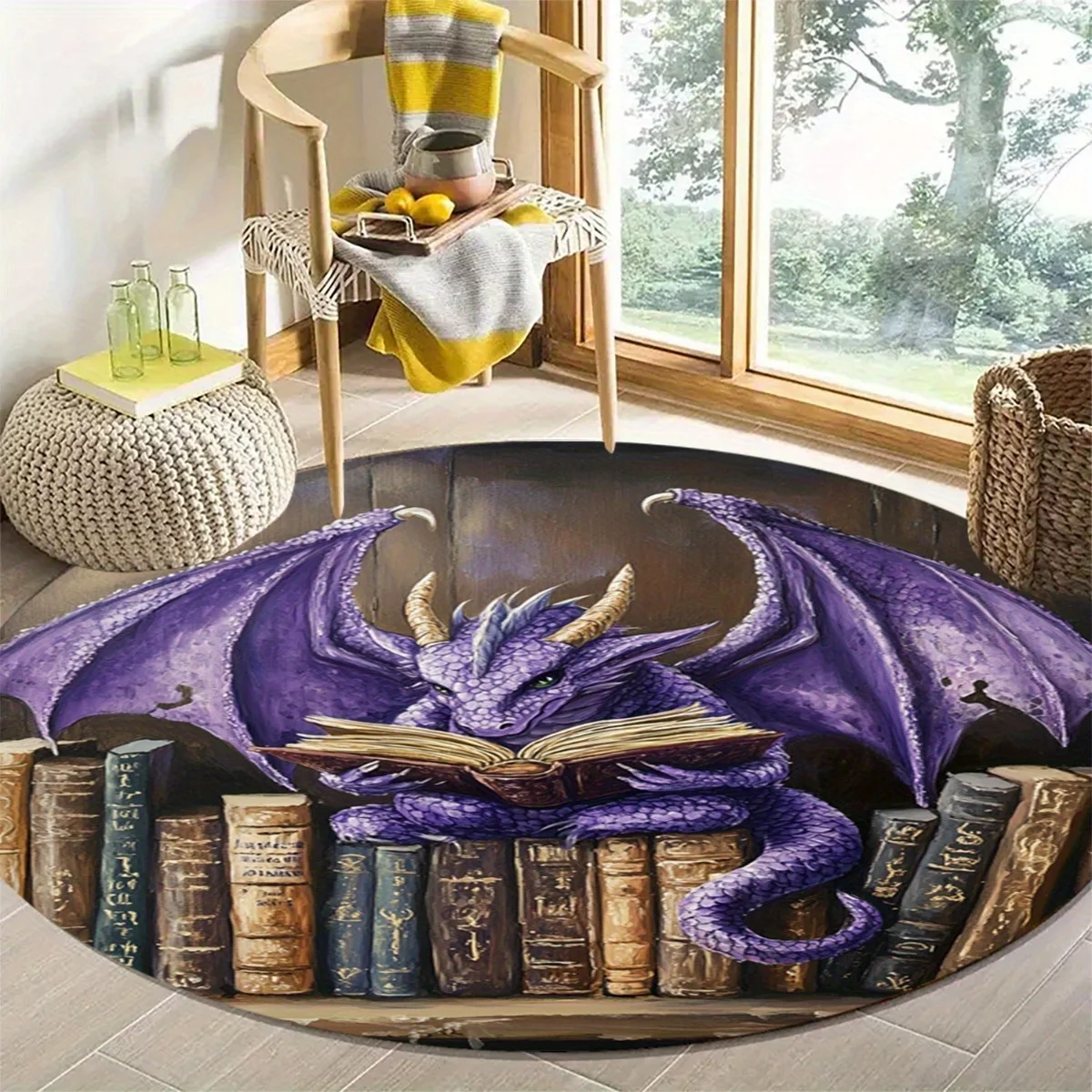 Dragon Reading Pattern Round Area Rug - 2D Printed Non-Slip Floor Mat for Living Room Bedroom & Hallway Decor, 1PC
