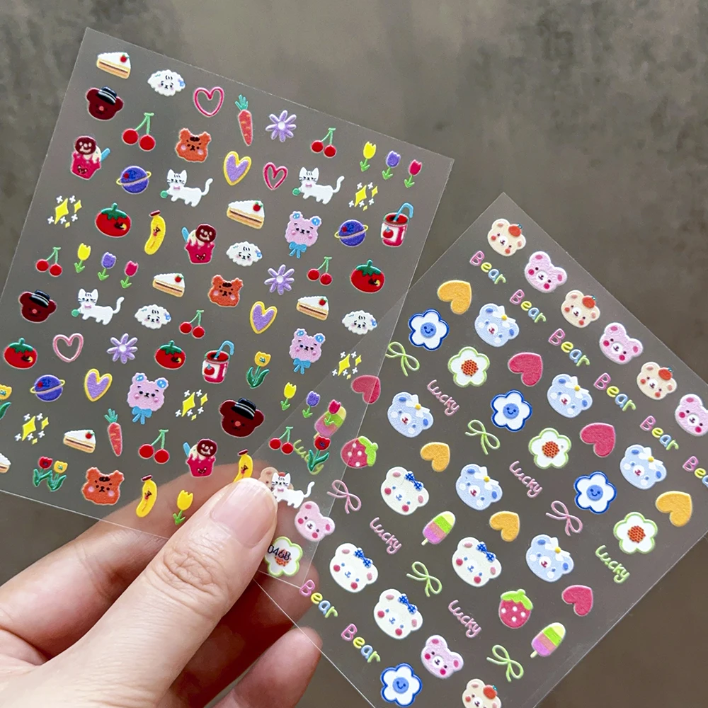 1 pçs dos desenhos animados urso flor arte do prego adesivos colorido morango cereja doce decalques de unhas para crianças auto adesivo decoração do prego slider