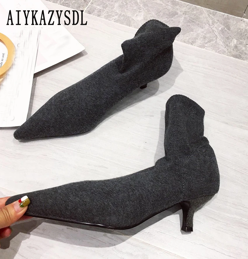AIYKAZYSDL 2024 Autumn Kitten Low Heel Ankle Boots Women Pointed Toe Slouchy Stretch Short Bootie OL Shoes Gray Sock Boots
