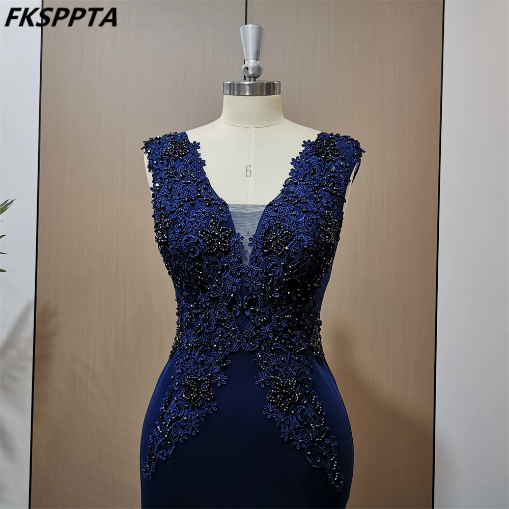 Exquisite Navy Mermaid Formal Evening Dress See Through Back Stunning Crystals Appliques Satin Long Prom Gowns Plus Size Dresses