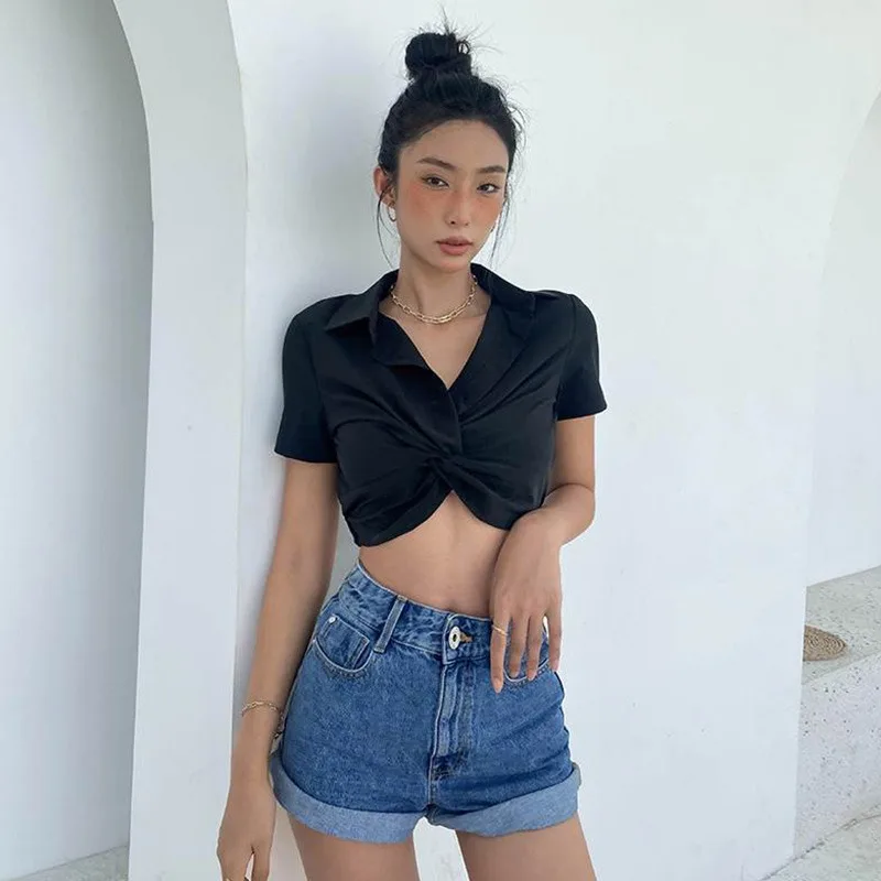 

Sexy Women Blouse Crop Top Vintage Streetwear Harajuku Korean Style Trend Black White Short Sleeve Shirt Female Tunic Chic