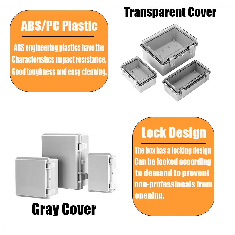 IP66 กลางแจ้งเครื่องมืออิเล็กทรอนิกส์บานพับสีเทา/โปร่งใสฝาครอบพลาสติก ABS กันน้ํา Juction กล่อง