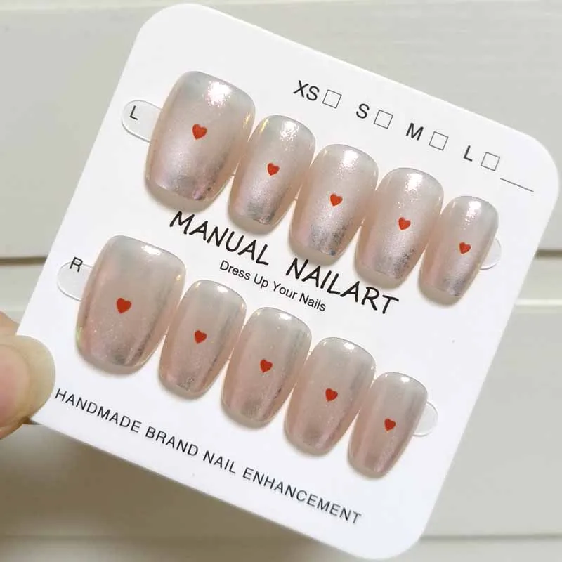10Pcs Short Round Head Aurora Pink Press on Nails Small Heart Embellishment Simple Cat Eyes Detachable Fake Nails Nail Tips