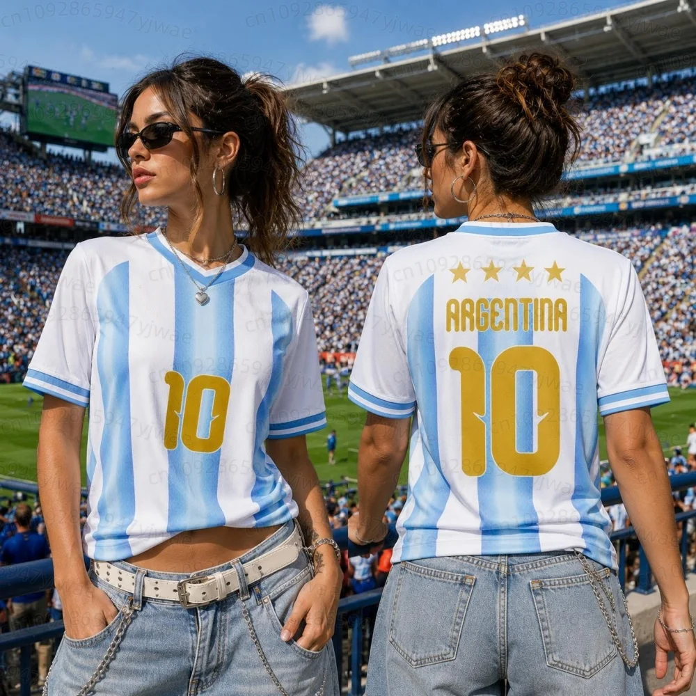 2026 Summer Women Argentina No.10 Jersey V-Neck T-Shirt Stripe Flag Printed Men Soccer Fans Tee Plus Size Sport Women T-Shirt