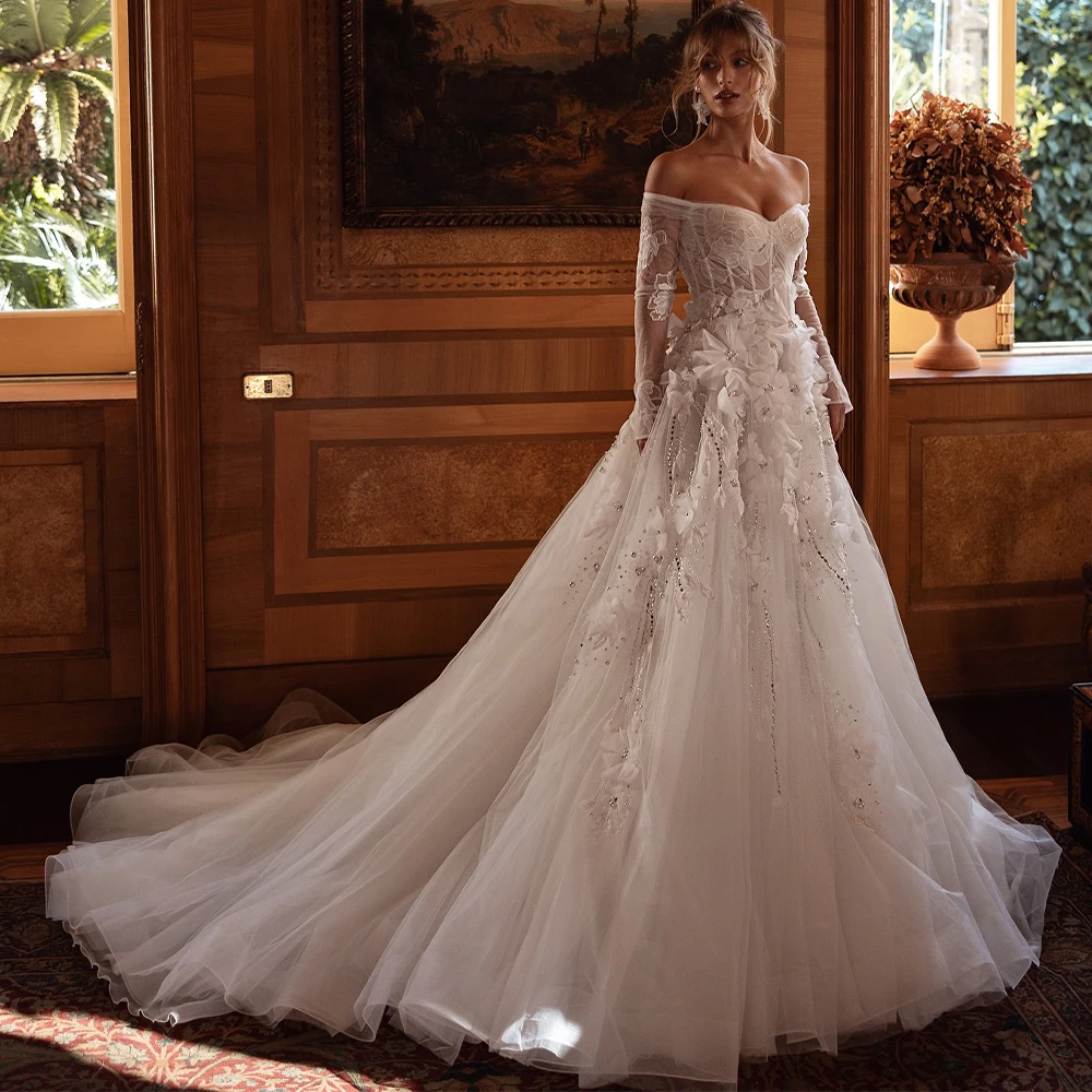 맞춤형 보헤미안 화이트 오간자 웨딩 드레스, 포멀 스위트하트 롱 슬리브 브라이덜 가운, 부드러운 A라인 코트 트레인 베스티도 데 노비아