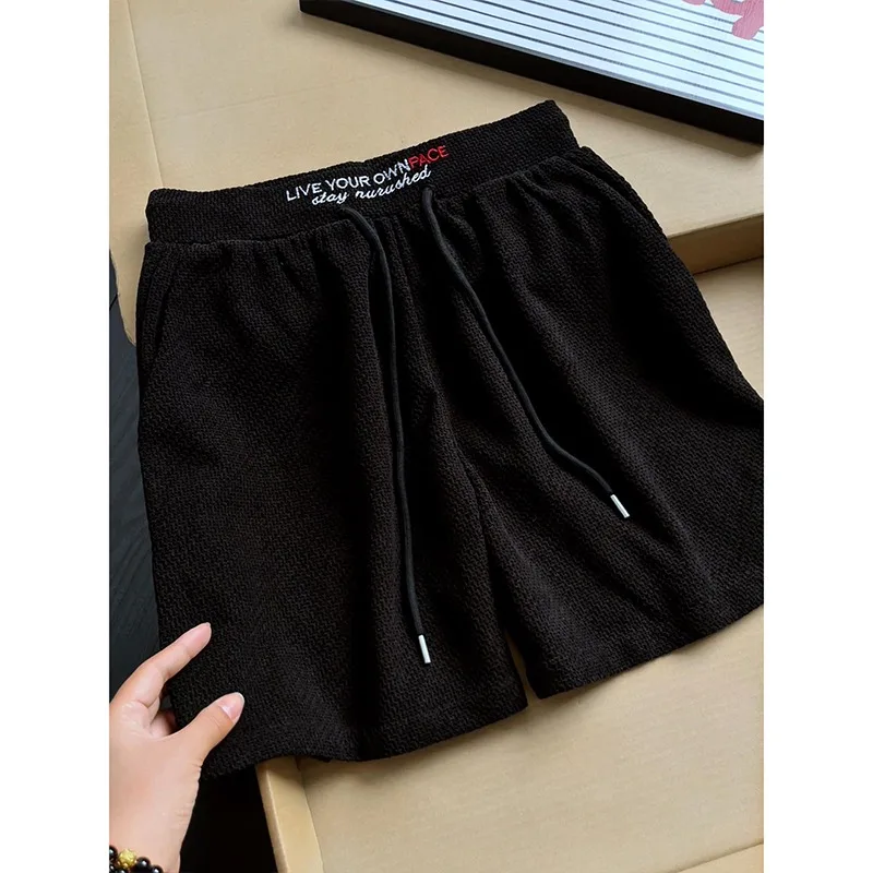Men Bubble Textured Casual Shorts Letter Embroidery Elastic Drawstring Waist Loose Summer Sports Walking Shorts With Pockets