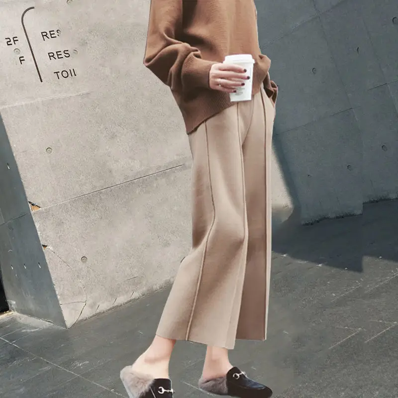 

Женские широкие брюки, новые толстые драпированные брюки с высокой талией, свободные черные прямые повседневные брюки с девятью точками на осень и зиму XT1657