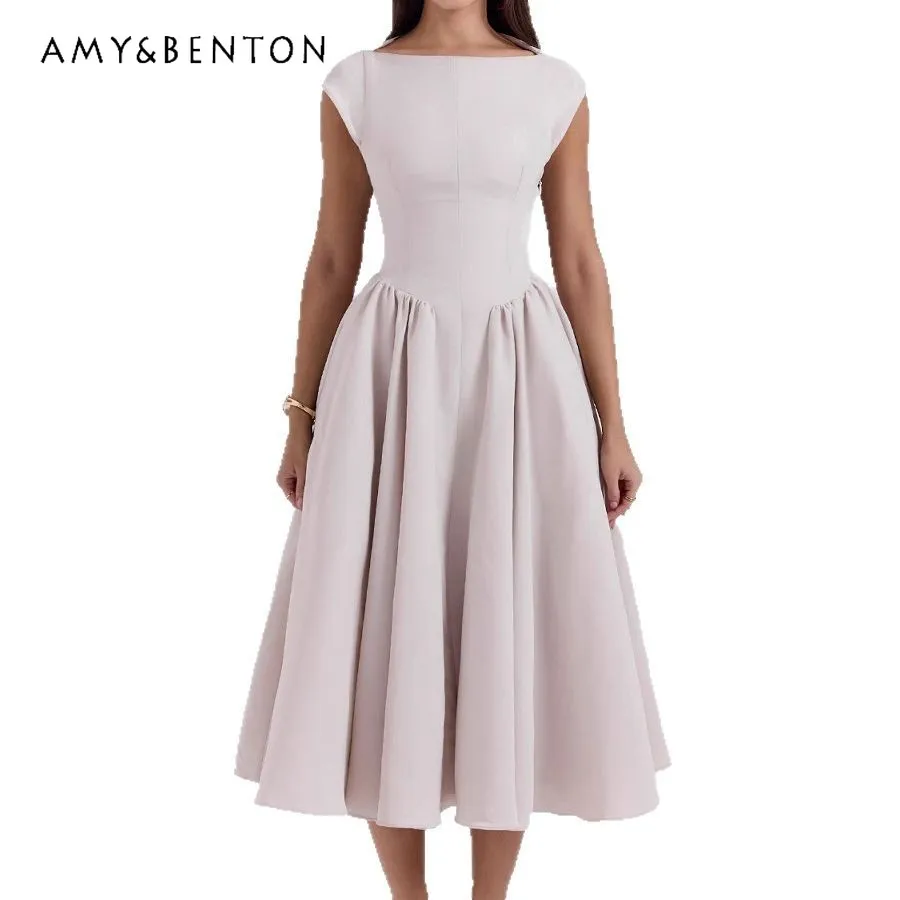 

Элегантное женское платье-миди без рукавов с круглым вырезом и открытой спиной, однотонное, во французском стиле, коллекция Весна-Лето 2026