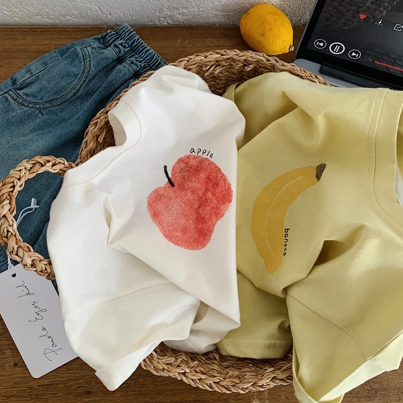 Apple Banana Pattern T-shirt For Children's Clothes Summer Fashion Simple Versatile Kids Short Sleeve Tees Tops Girls Tshirts