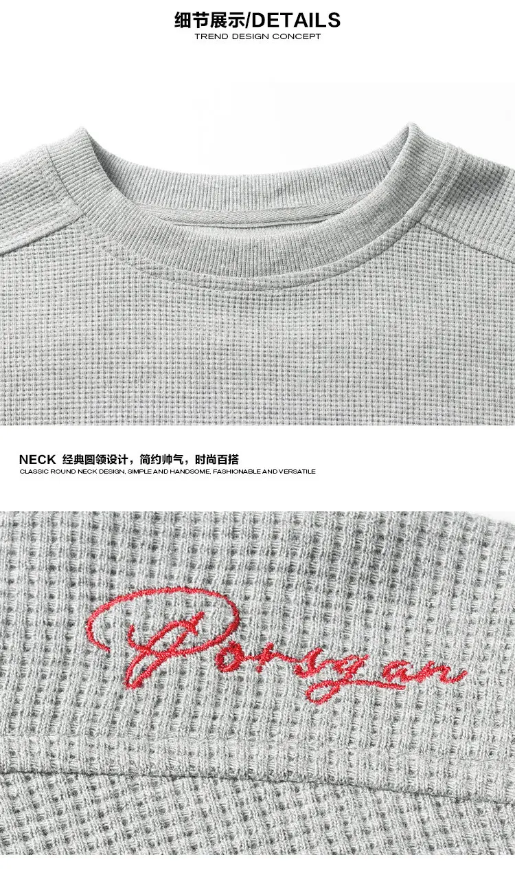 Herren-T-Shirt mit Waffelstruktur, Rundhalsausschnitt, langen Ärmeln, einfarbig, lockerer Schnitt, Stickerei-Details, lässiges Basic-Oberteil, Streetwear-Outfit – Detail 12