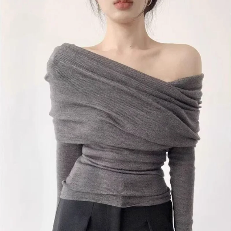 

Модные вязаные топы принцессы Kawaii для девочек, сексуальная повседневная женская универсальная рубашка с диагональными плечами и длинными рукавами, весенне-осенняя одежда