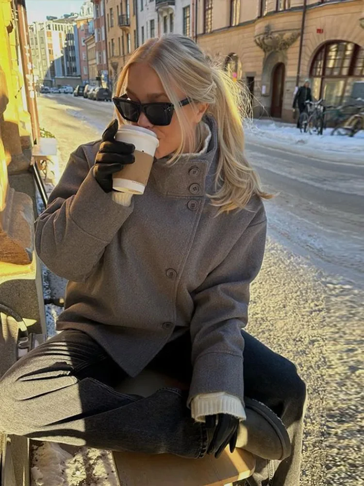 2025 Autumn Woolen Dark Blue Jacket Women  Single Breasted Stand Collar Loose Female Coat Office Lady Street Short Outwear Tops