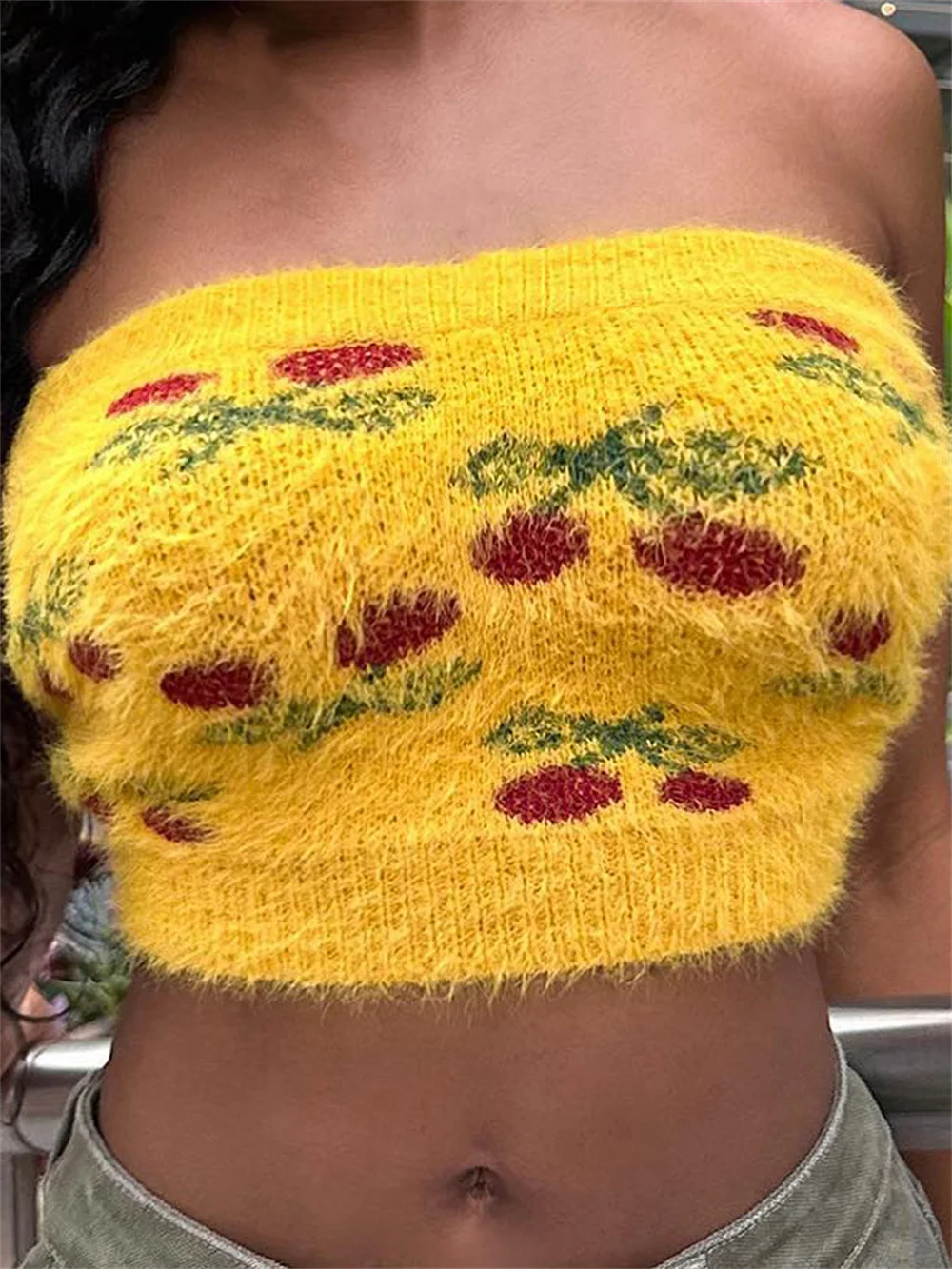 y2k knitted plush flowers on chest 2024 summer women's new sexy Spice girl slim body with sweater vest top