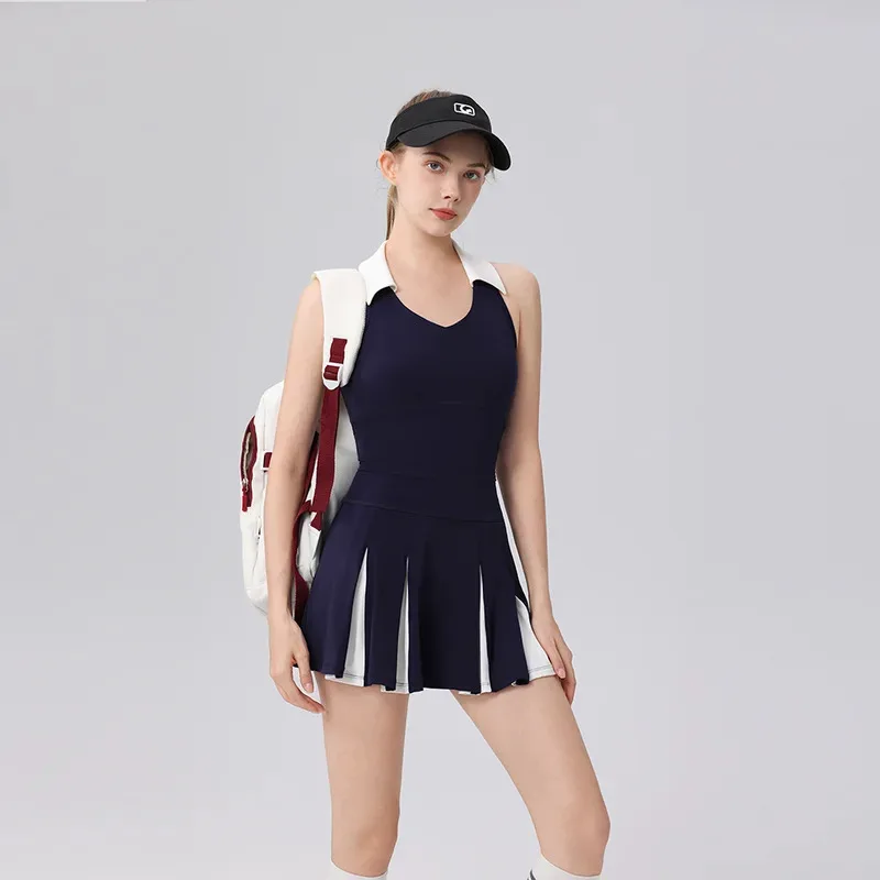 2pcs Contrasting Color Splicing Tennis Skirt Set Trendy Golf Skort Set Quick Dry Badminton Skirt Set Workout Outfit