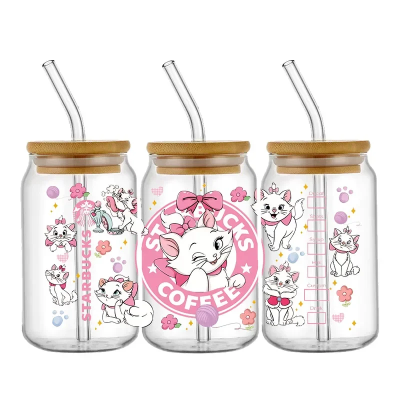 Disney Mary Cute Kawaii Cat UV DTF Cup Wrap Transfer Stickers For 16oz Glasses Libbey Can Self-adhesive Decals Custom Stickers