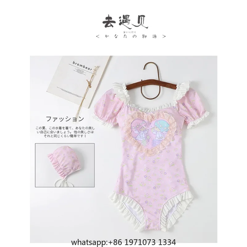 Japanese Sweet Girl Sexy One Piece Swimsuit Women Cartoon Print Patchwork Color Puff Sleeve Slim One-piece Suits Lolita Swimwear