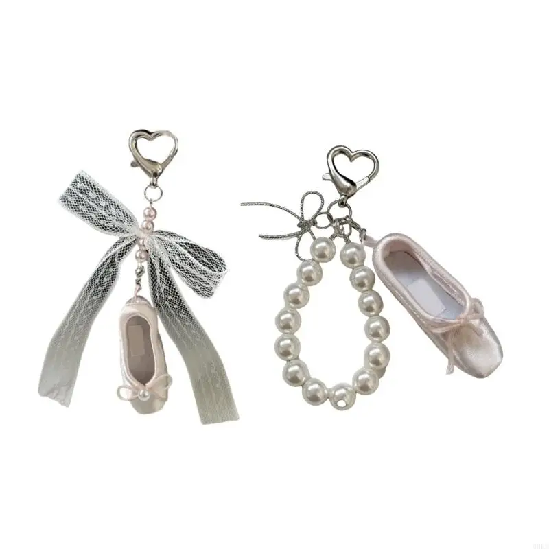 Q0KE Fashionable Ballet Shoe Keychain with Intricate Lace and Pearls for Women