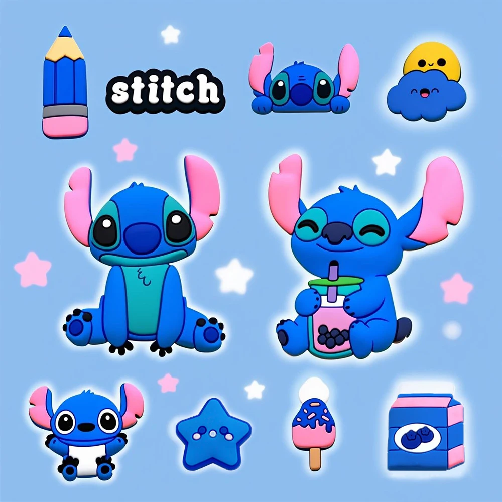 10pcs Stitch Shoe Charms Set For Cute Cartoon Clogs Bubble Slides Sandals PVC Shoe Decorations  Accessories X-mas Gifts
