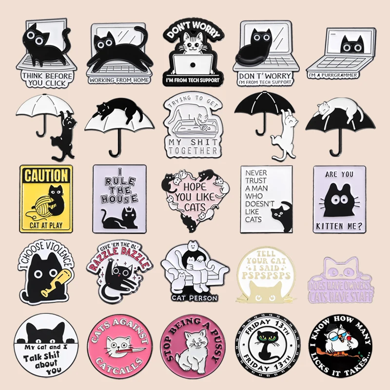 Are You Kitten Me? Enamel Pins Fun Joke Quotes Gothic Black Cat Metal Brooch Decorative Backpack Lapel Badge Jewelry Wholesale
