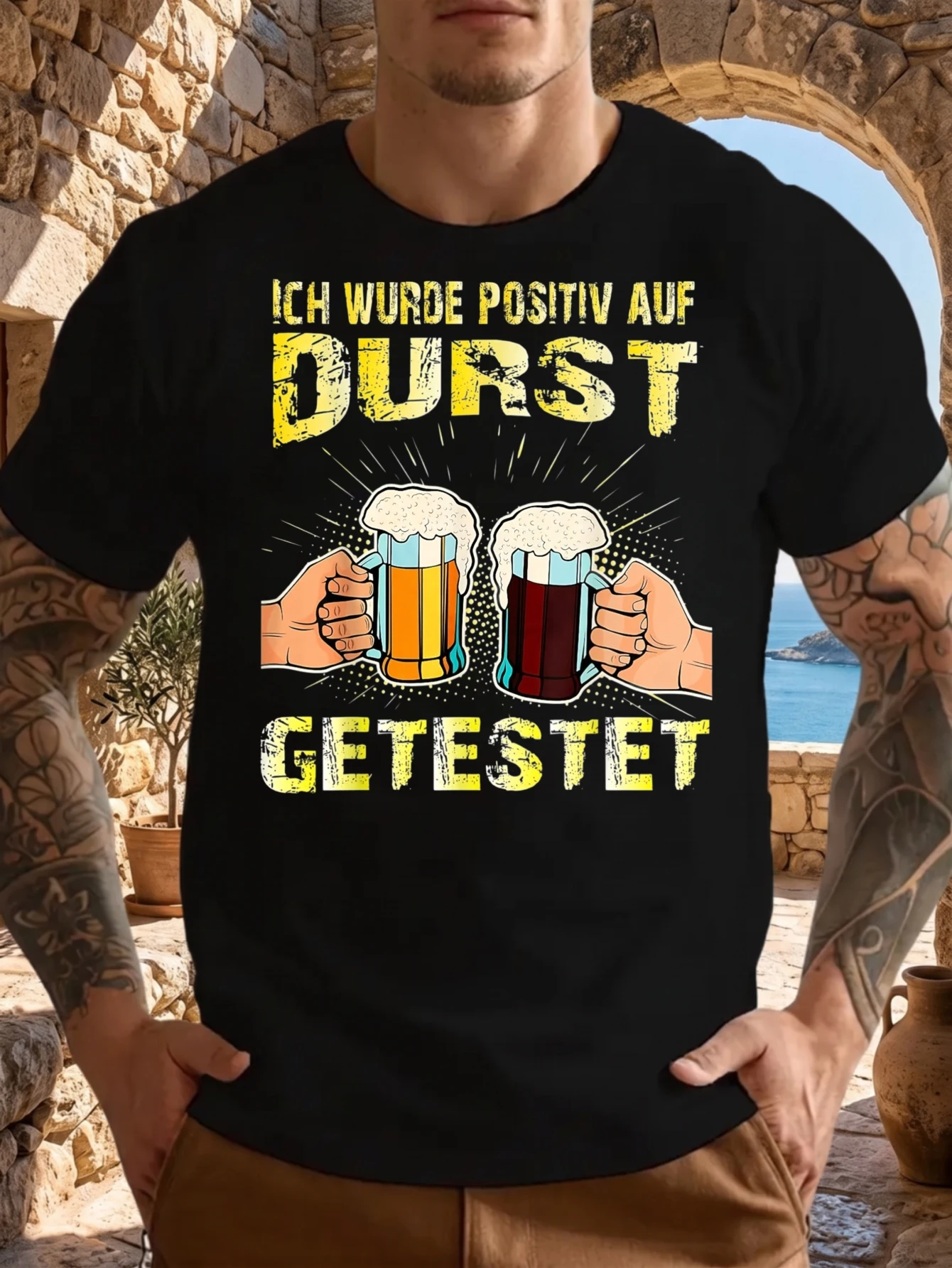 1 Stück 100% Baumwolle Unisex T-Shirt mit Aufdruck "Ich Wurde Positiv Auf Durst Getestet" Bierkrüge, O-Ausschnitt, Kurzarm, Übergröße, Bequeme Freizeitkleidung, Maschinenwaschbar