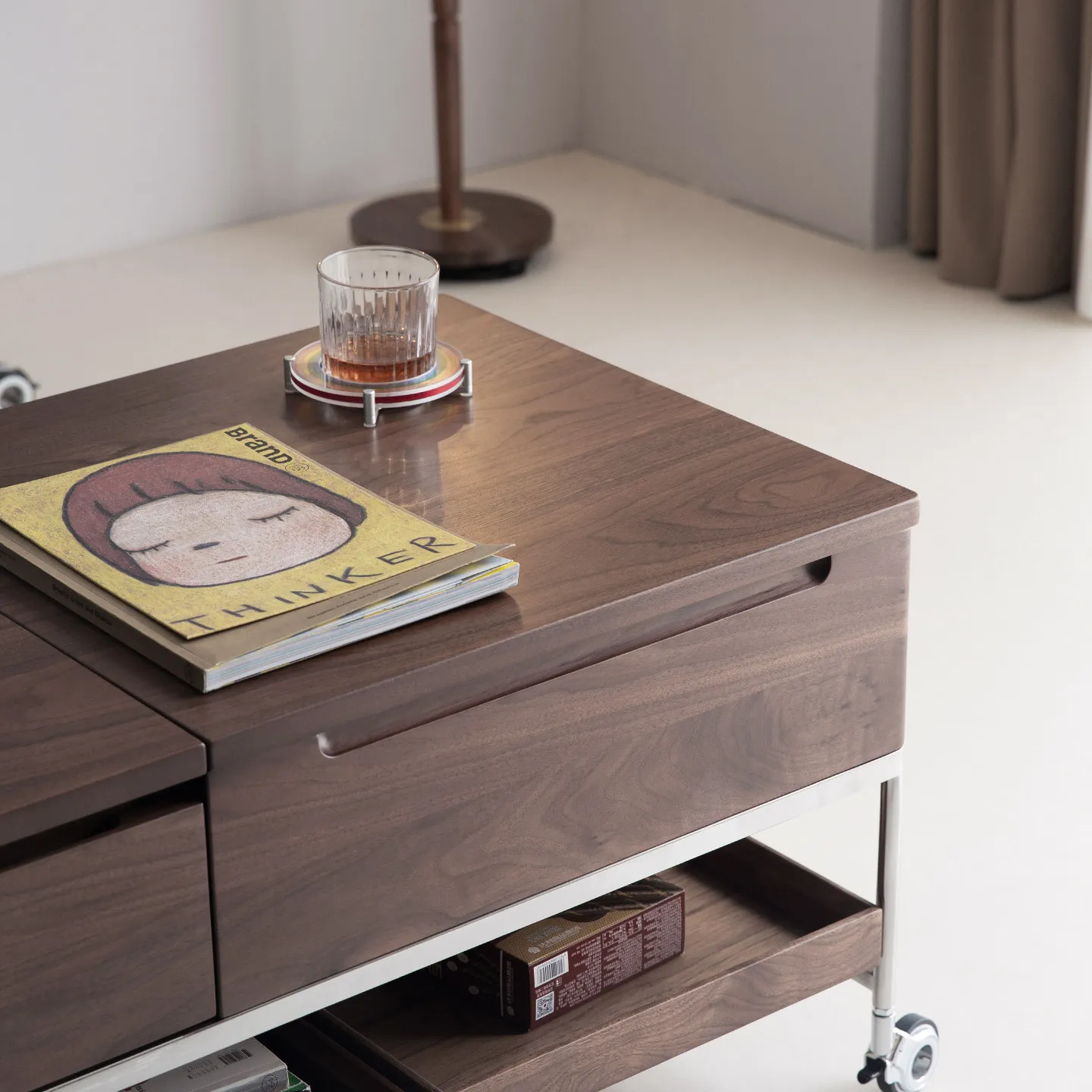 Solid wood lifting coffee table folding movable trolley black walnut living room sofa side table