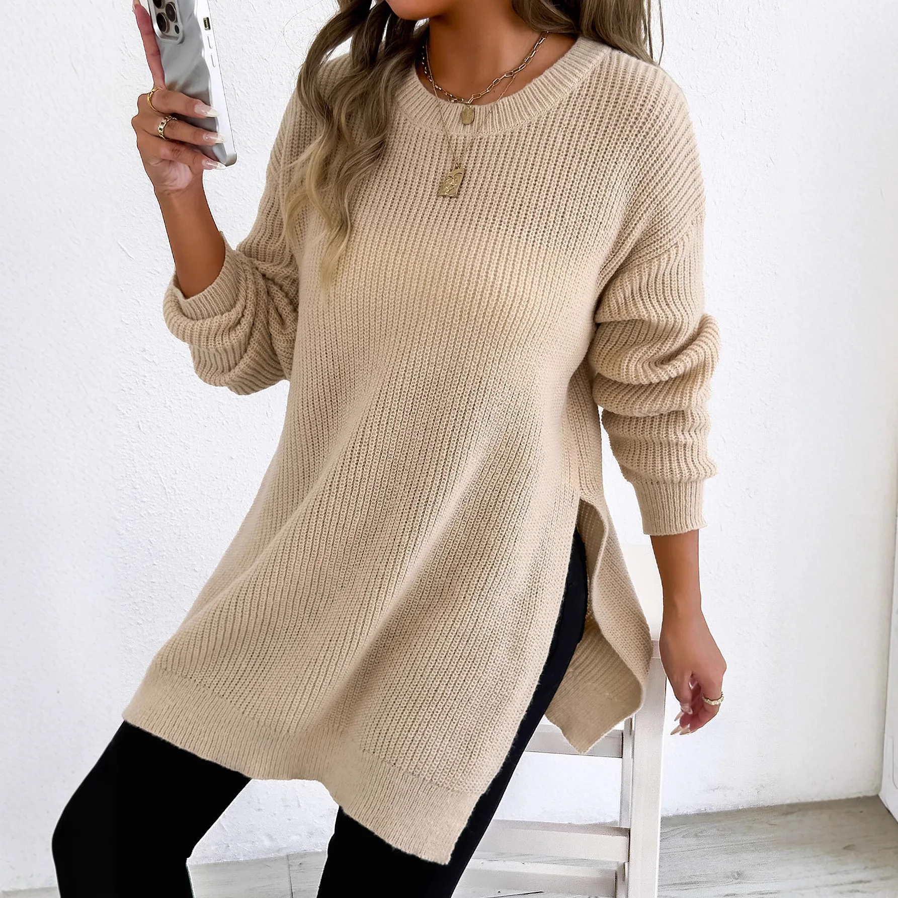 

Women's Autumn and Winter New Upper Crew Neck Jumper Cardigan Woven Casual Sweater