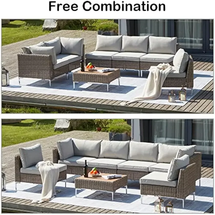 Conjunto de muebles de mimbre para Patio, sofá seccional para exteriores, conjunto de conversación, conjunto de muebles de mimbre medio redondo con cojín, 7 piezas