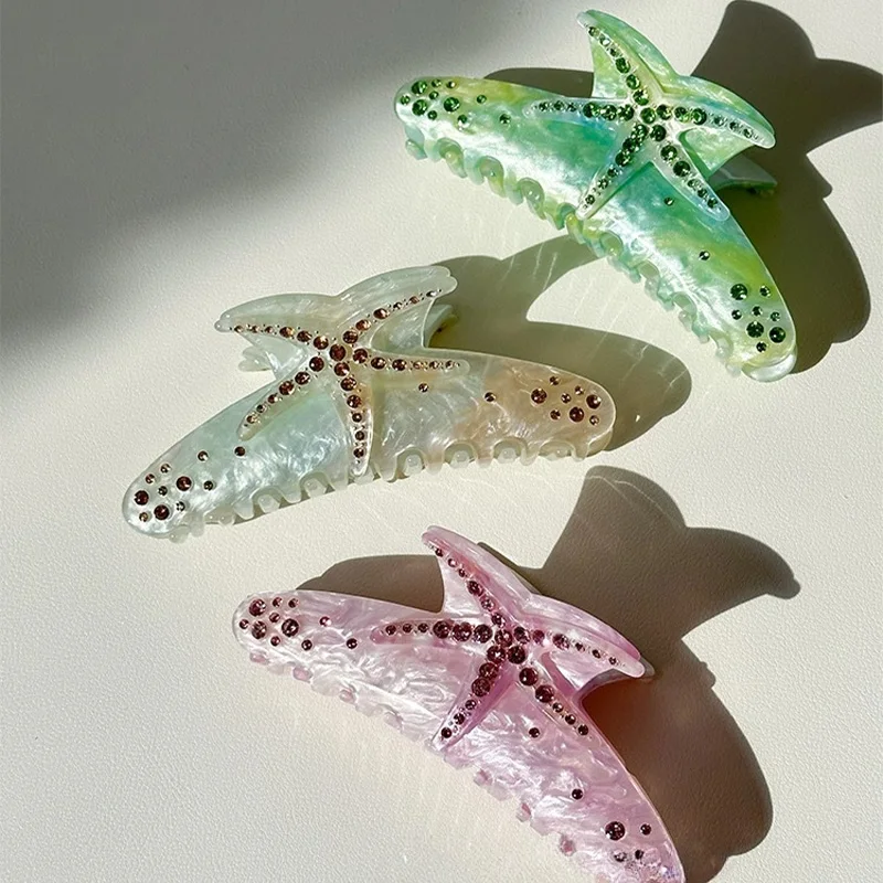 Sweet Fantasy Color Rhinestone Starfish Hair Claw Clip for Women Acetate Crab Hair Clip Shark Clip Beach Ocean Hair Accessories