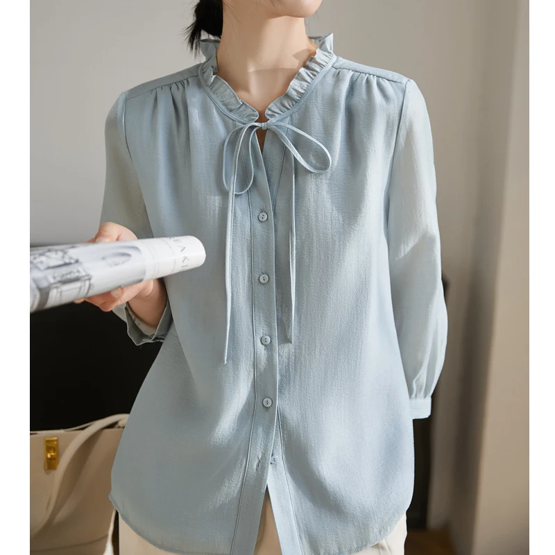 

Women's Summer Splicing Fashion Solid Color Button Drawstring French Commuter Workplace Simple Wooden Ear Collar Tencel Shirt