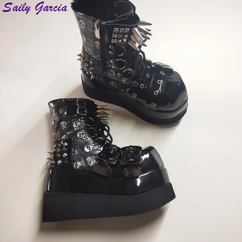 Pointed Rivet Ankle Boots Skull Round Toe Belt Buckle Platform Boots Side Zipper 2025 Women Punk Shoes Increase Height 12cm