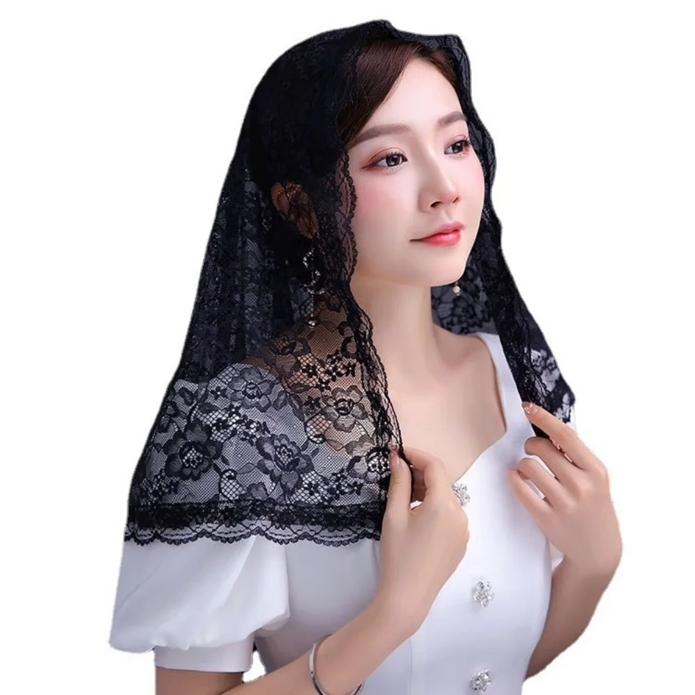 

Flower Embroidered Chapel Veil Lace Edge Spanish Style Bridal Lace Headscarf Traditional Vintage Romantic Lace Head Covering