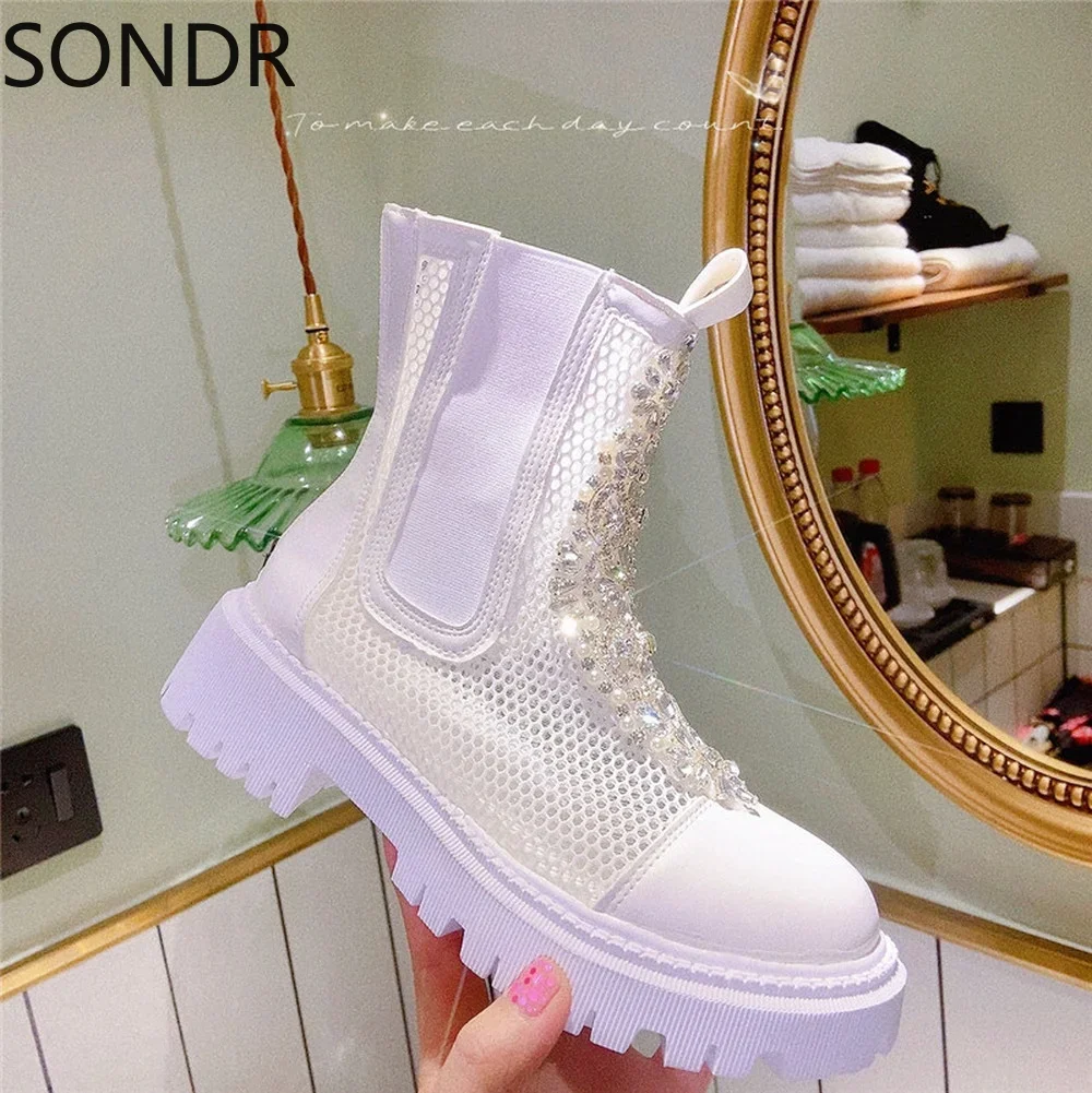 Womens Round Toe Mesh Rhinestones Crystal Ankle Boots Sandals Breathable Shoes White Girls X-mas Gift DIY Luxury