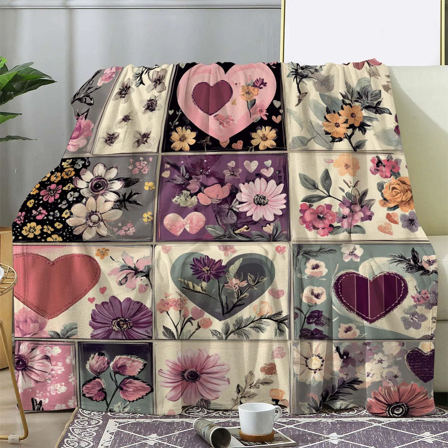 Vintage Patchwork Plaid Floral Flannel Blanket Warm Cozy Soft for Sofa Bed Car Office Camping Travel Decor