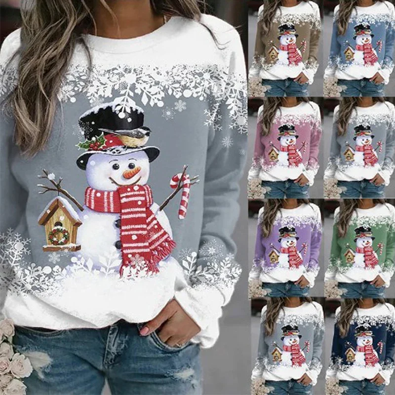 Winter Snowman Snowflake Print Long Sleeve Y2k Hoodie Women Christmas Sweatshirts Street Wear Pullovers Comfortable Top Clothing