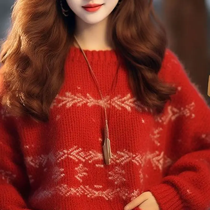 

2025 New Autumn Fashion Red Christmas Sweater Women Western Style Loose and Lazy Women's Knitted Pullover Oversize Clothes