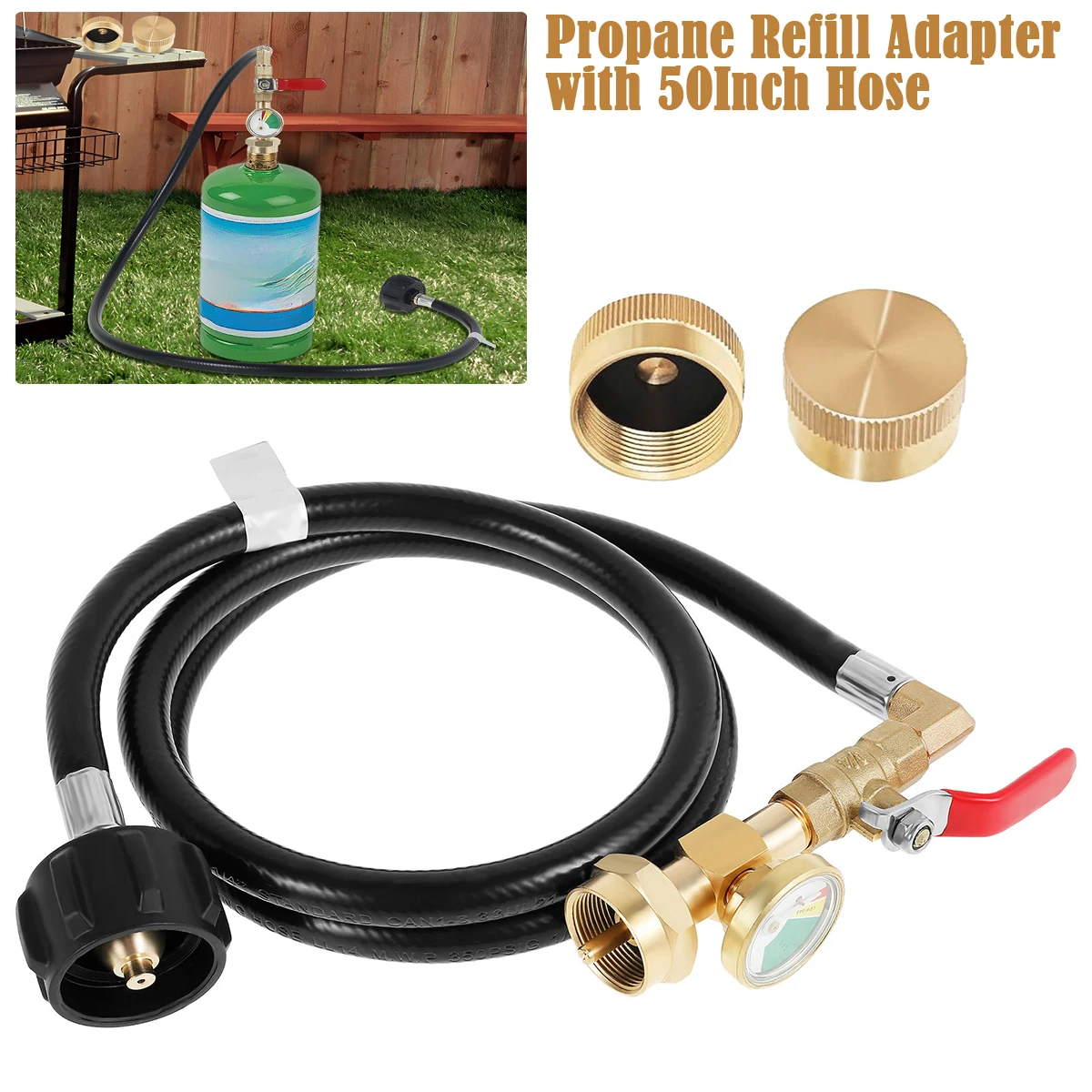 Propane Refill Adapter with 50Inch Hose and ON-Off Control Valve Outdoor Camping Gas Stove Propane Gas Tank Brass Connector