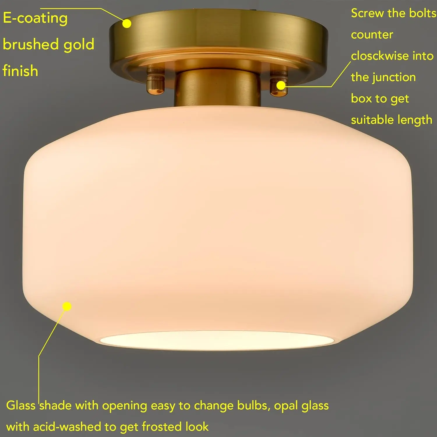 Semi Flush Mount Gold Hallway Light, Modern Farmhouse Luz, Hung Fixture, Opala Leite Vidro Sombra