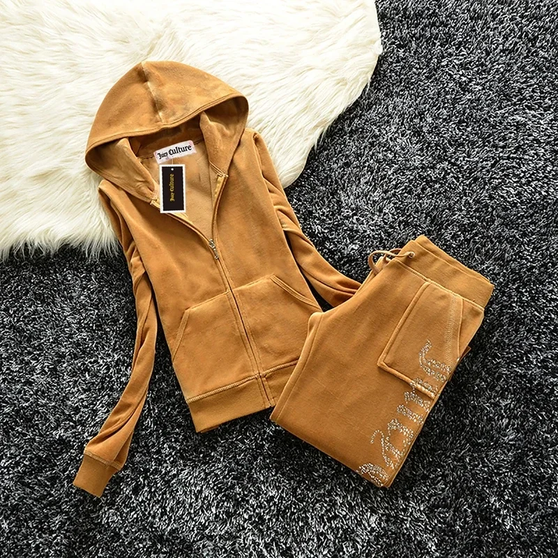 JC Tracksuit Women Velvet Women's Brand Velour Sewing Suit Women Track Suit Hoodies And Pants Sets JC couture with rheinstone image 3