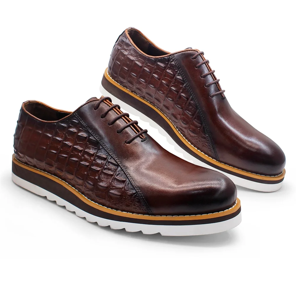 Genuine Leather Stitching Leather Shoes Casual Formal Pointed Crocodile Pattern Men Shoes Wedding Banquet Business Oxford Shoes
