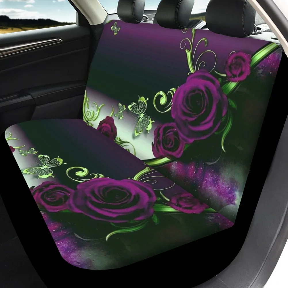 INSTANTARTS Auto Interior Accessories Fashion Gothic Purple Rose Flower Printing Universal Fit Car Seat Covers Durable Set of 4